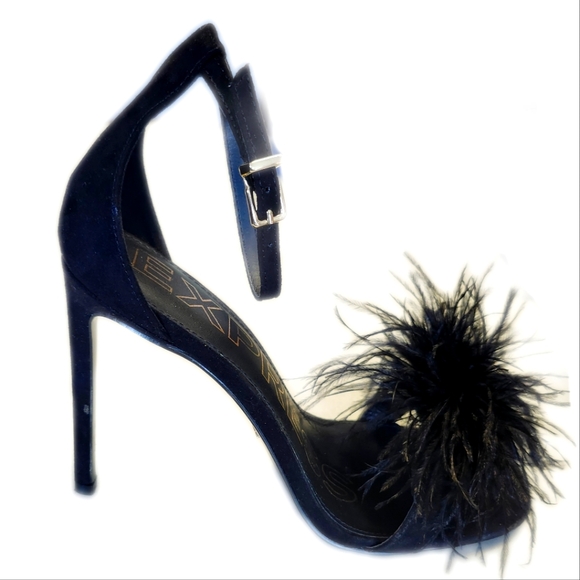 Express NWT Black Strappy Sandals, Feather Toe Accents, 4" Stiletto Heels, 9 - Picture 1 of 6